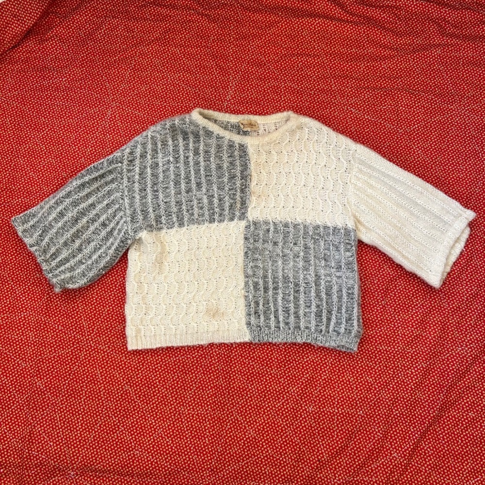 Vintage Italy Mohair Blend Colorblock Cable Knit Sweater Gray